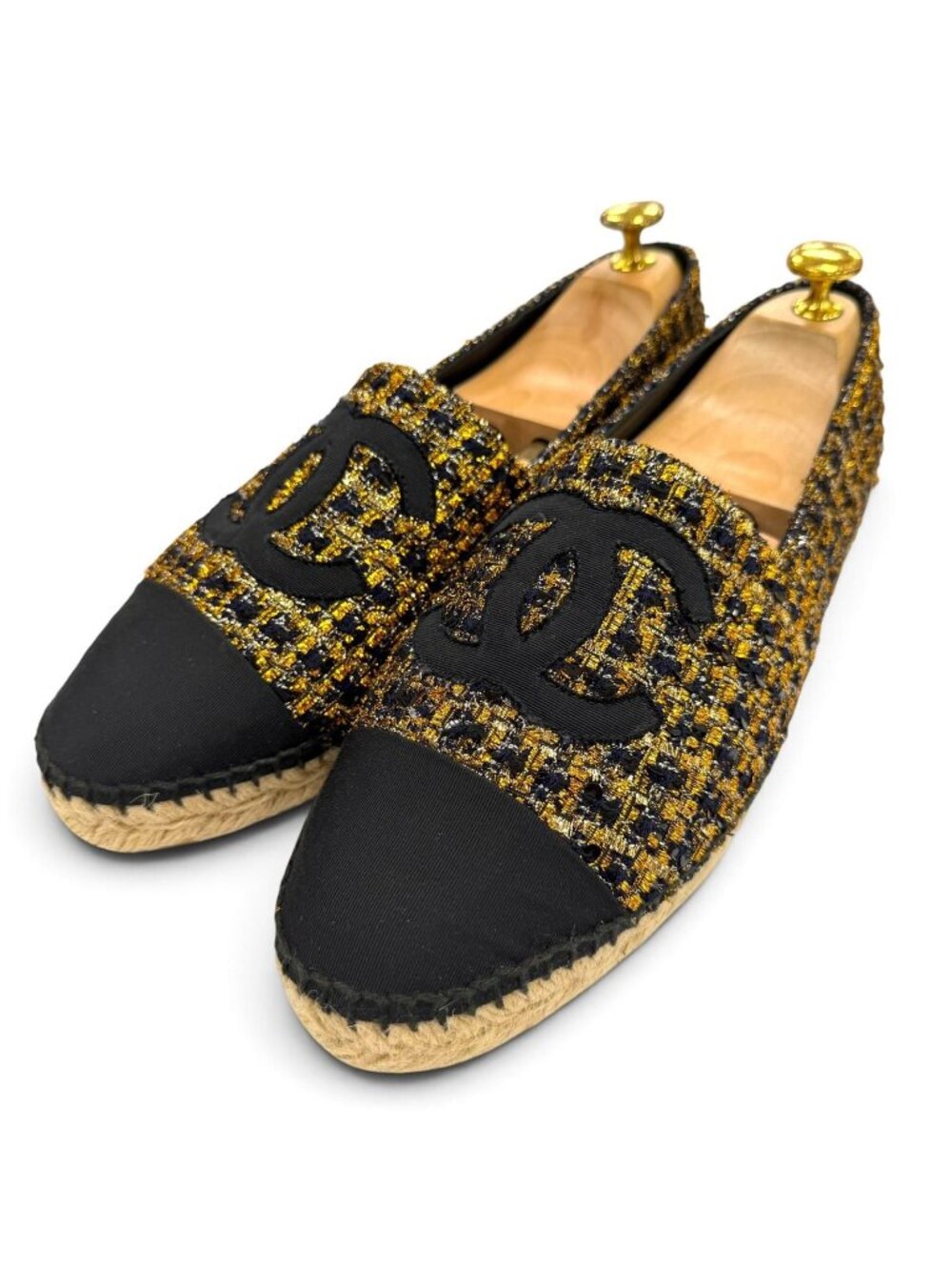 Chanel Tweed Sequins CC Logo Espadrille Slip Ons Black Gold
